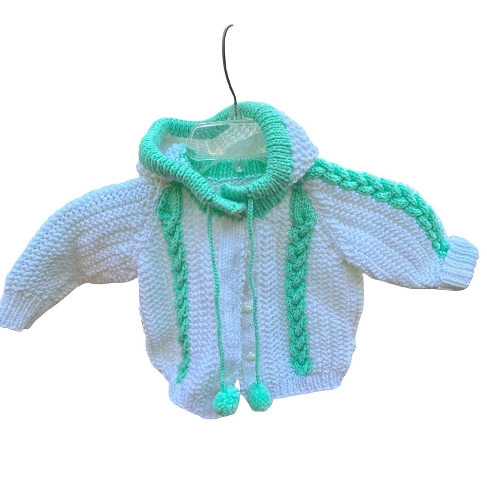 Handmade Baby 12-18m Knit Hooded Cardigan White Mint Green Bunny Buttons Pom Pom